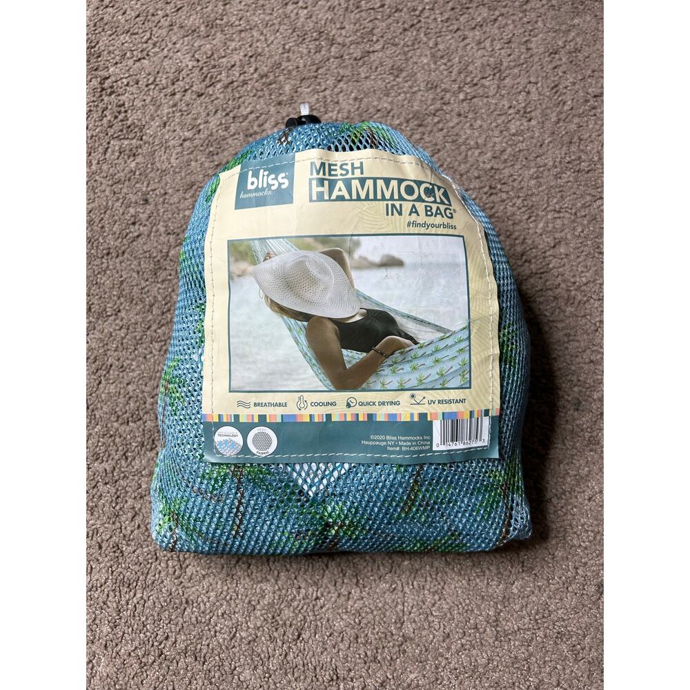 Bliss Hammocks In a Bag Strong Mesh Fabric Light Blue Palm Tree 106 x 55"W 375lb